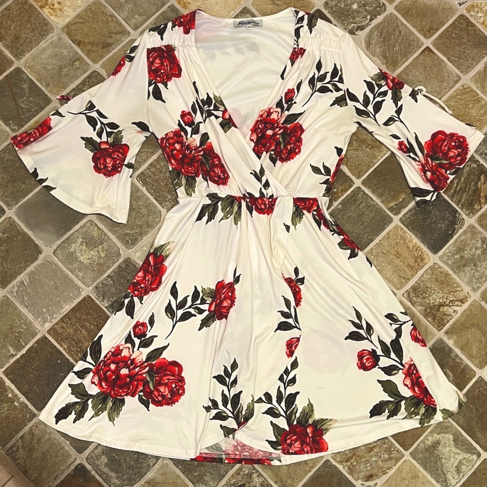 Red and White Floral Short Dress